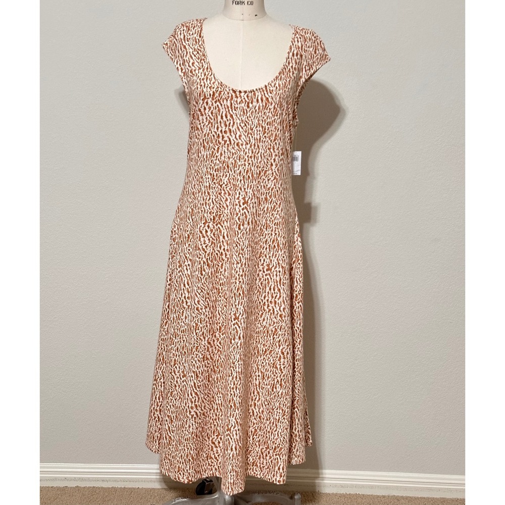 Old Navy Tan White Abstract Leopard Print Maxi Dress Cap Sleeve Scoop Neck Sz L